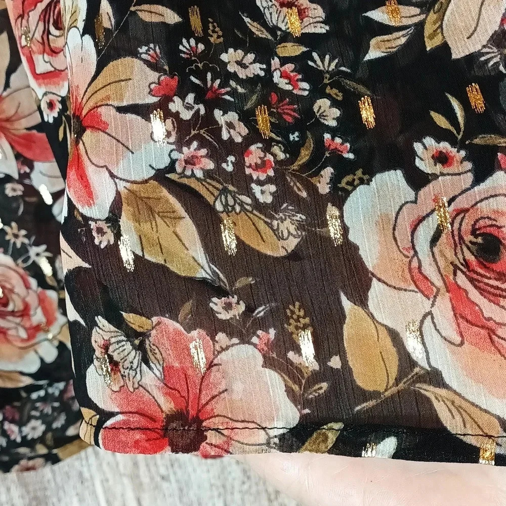 Floral sheer boho gathered mock neck flowy ruffle shimmer wide sleeve M - Picture 9 of 16